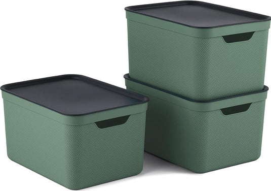 Rotho jive opbergboxen set van 3 opbergdozen 16 l met deksel, kunststof (pp gerecycled), groen antraciet, 3x16 (35 x 25 x 20 cm)