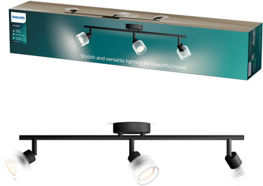 Philips horen opbouwspot - led gu10 fitting - richtbaar - 3 lichtpunten - clickfix - zwart met geribbeld glas