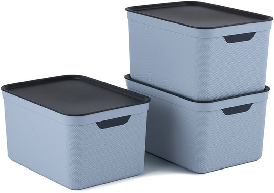Rotho jive opbergboxen set van 3 opbergdozen 16 l met deksel, kunststof (pp gerecycled), blauw antraciet, 3 x 16 l (37,5 x 27,8 x 29,8 cm)