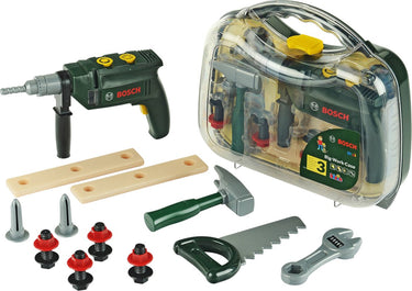 Klein toys bosch mini 16-delige speelgoed gereedschapskoffer - boormachine, hamer, zaag, steeksleutel en gereedschap accessoires - incl. licht- en geluidseffecten - groen