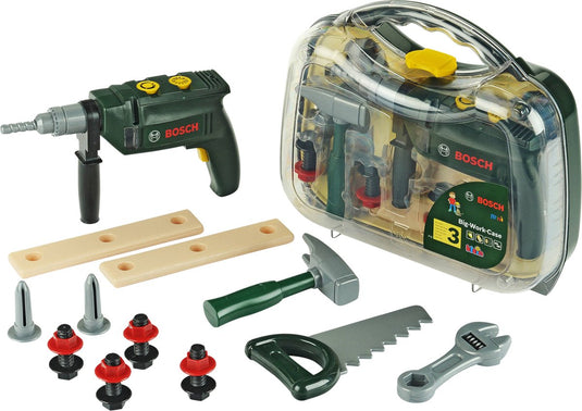 Klein toys bosch mini 16-delige speelgoed gereedschapskoffer - boormachine, hamer, zaag, steeksleutel en gereedschap accessoires - incl. licht- en geluidseffecten - groen