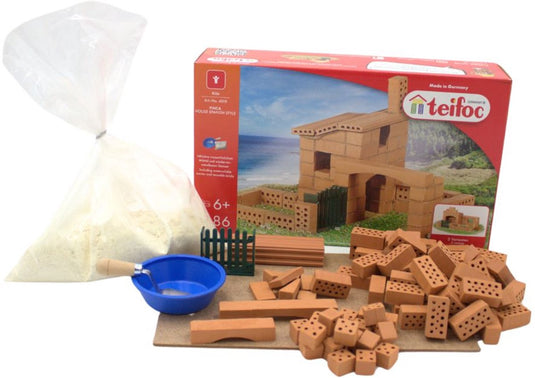 Teifoc ® bouwdoos – huis finca bouwset – 86 onderdelen – echte mini bakstenen met cement, kom en troffel – bouwpakket voor kinderen vanaf 6 jaar