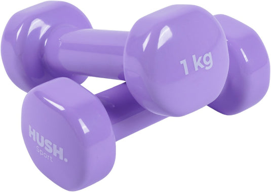 Hush sport - dumbbells set 2 x 1 kg paars - vinyl coating met antislip grip - gietijzer - handig 6-hoekig design - geschikt voor krachttraining fitness