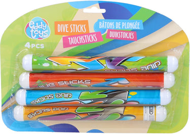 Eddy toys duikstaven - 4x stuks - gekleurd - kunststof - duikspeelgoed - duikstaafjes - duikstokjes - zinkt op bodem - zinkt naar de bodem
