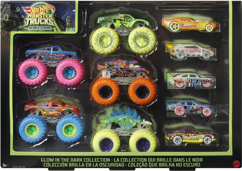 Load image into Gallery viewer, Hot wheels  monster trucks set met 10 speelgoedvoertuigen die licht geven in het donker
