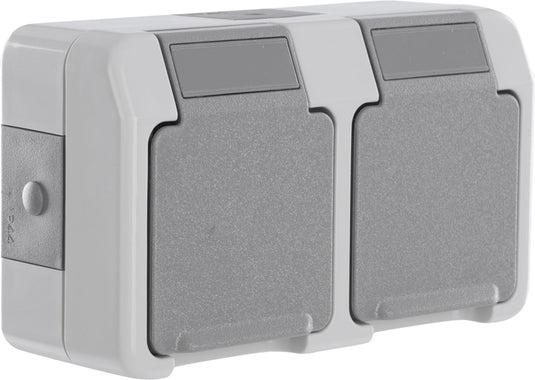 Schneider electric merten aquastar contactdoos - spatwaterdicht - opbouw - 2-voudig - randaarde - horizontaal - ip44 - grijs