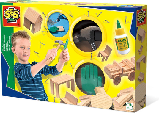 Ses creative – timmerset – montessori speelgoed – hout, hamer, spijkers en lijm – met veiligheidshand – vanaf 5 jaar