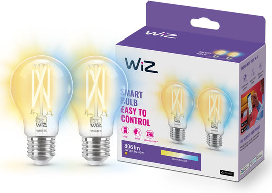 Wiz filament lamp 2-pack - warm- tot koelwit licht - slimme led verlichting - e27 fitting - 60w - transparant - wi-fi
