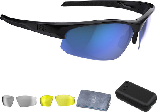 Bbb cycling fietsbril heren en dames- wielrenbril met 3 lenzen - sportbril met hoes - lichtgewicht racefiets bril - glanzend zwart - impress travelcase bsg-58t