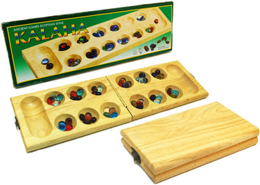 Hot games kalaha vouwbaar blank hout 45x14cm.stenen glas