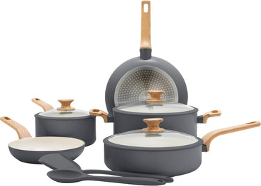 Greenpan essence pannenset 10-delig - 18 20 24 26cm - pfas-vrije antikleeflaag - pannenset inductie - keramische pan - ovenbestendig tot 160°c - houteffect handgrepen - koudgrepen - met glazen deksel - grijs