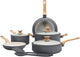 Greenpan essence pannenset 10-delig - 18 20 24 26cm - pfas-vrije antikleeflaag - pannenset inductie - keramische pan - ovenbestendig tot 160°c - houteffect handgrepen - koudgrepen - met glazen deksel - grijs