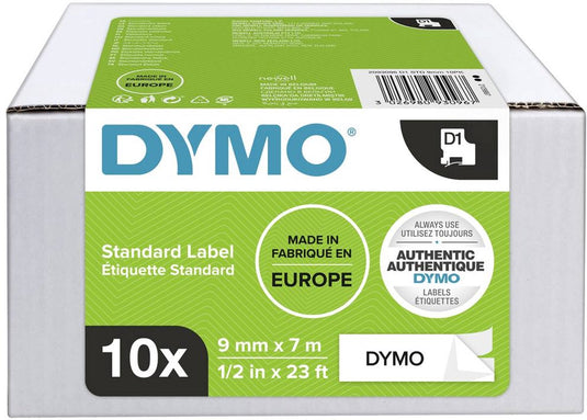 Dymo originele d1-labels | zwarte tekst op wit label | 9 mm x 7 m | zelfklevende etiketten voor de labelmanager labelprinter | 10 stuks | gemaakt in europa
