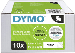 Dymo originele d1-labels | zwarte tekst op wit label | 9 mm x 7 m | zelfklevende etiketten voor de labelmanager labelprinter | 10 stuks | gemaakt in europa