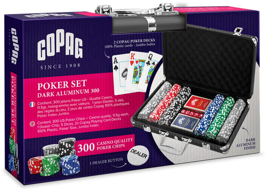 Copag ® poker set 300 chips inclusief 2x 100% duurzame pvc speelkaarten, 5 dobbelstenen en poker buttons