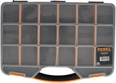 Perel assortimentsdoos, max. 20 compartimenten, 16 tussenschotten, transparant deksel, stapelbaar, 326 x 257 x 48 mm, geel zwart