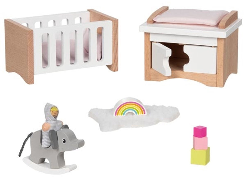 Load image into Gallery viewer, Goki poppenhuismeubeltjes: design kinderkamer, 12-delig, 10,2x6x5,5cm (bed), beukenhout en stof, 3+
