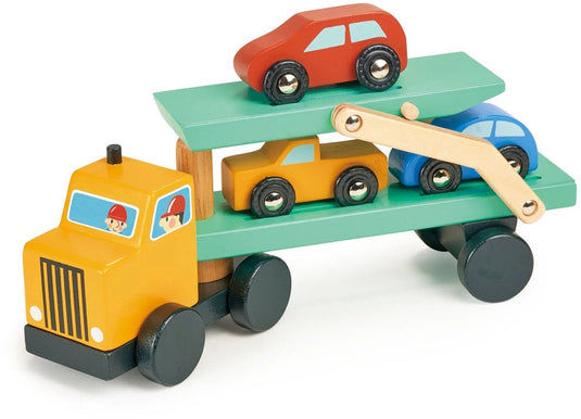Mentari voertuigen - autotransporter met 3 auto's - 25x7x13cm - hout - 3 jaar