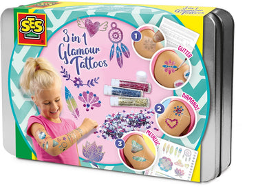 Ses creative - hobby pink - 3 in 1 glamour tattoos - knutselen meisjes - biologisch afbreekbaar - vanaf 5 jaar