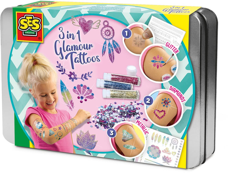 Load image into Gallery viewer, Ses creative - hobby pink - 3 in 1 glamour tattoos - knutselen meisjes - biologisch afbreekbaar - vanaf 5 jaar
