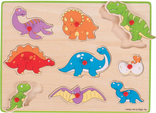 Bigjigs houten noppenpuzzel dino's, 9dlg.