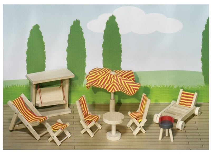 Load image into Gallery viewer, Goki poppenhuismeubeltjes serie 2: tuinmeubelen 9-delig, voor pop
