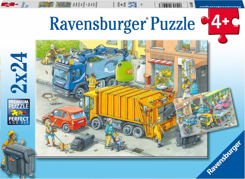 Load image into Gallery viewer, Ravensburger puzzel vuilniswagen en sleepwagen - 2 x 24 stukjes

