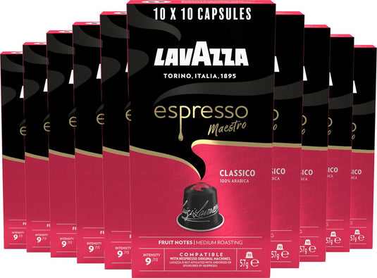 Lavazza espresso classico koffiecups - 100 cups - 100% arabica koffie - intensiteit: 9 13 - 10 x 10 aluminium capsules