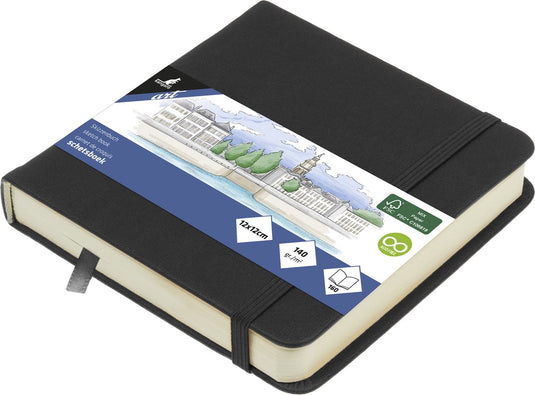 Kangaro schetsboek - 12x12cm - zwart - pu hardcover - met elastiek en lint - 140g papier - 160 pagina's