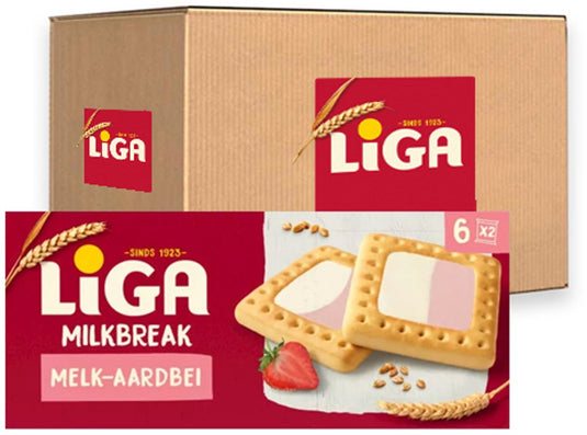 Liga milkbreak duo koekjes melk aardbei - doos 12 x 245g - koek - koeken voor onderweg of werk en kantoor