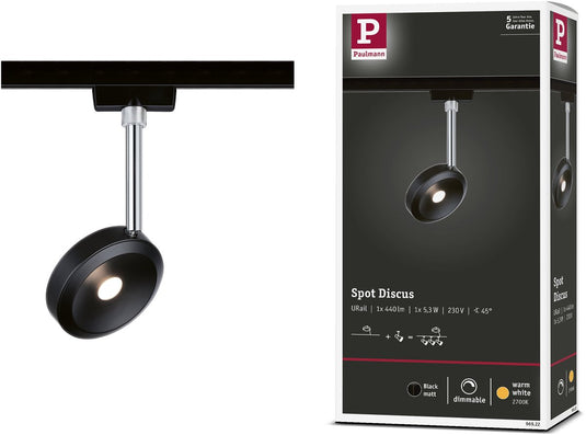 Paulmann urail railspot discus losse spot 375,6lm 5,3w 2700k dimbaar 230v zwart mat, chroom