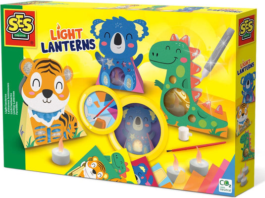Ses - licht lantaarns - zelf 3 lantaarns maken - met 3 led kaarsjes, 5 gekleurde cellofaan sheets, lijm en penseel