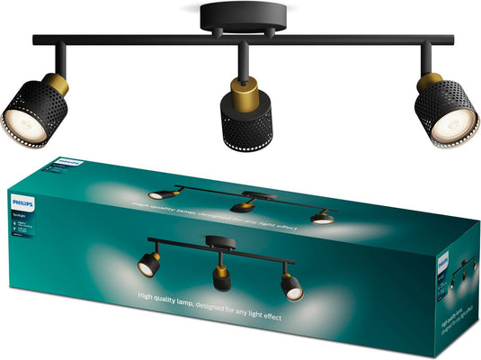 Philips led philips niall spot - plafondspot met drie lichtpunten - zwart met goud design - gu10 led fitting