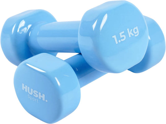 Hush sport - dumbbells set 2 x 1,5 kg lichtblauw - vinyl coating met antislip grip - gietijzer - handig 6-hoekig design - geschikt voor krachttraining fitness