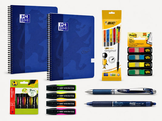 Diverse merken back to school - schoolset - spiraalblok a4, pennen, markeerstiften, indextabs vulpotloden - blauw