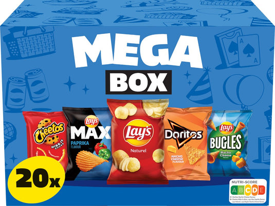 Lay's chips mega box mix - paprika, naturel nacho cheese - doos 534 gram bevat 20 uitdeelzakjes