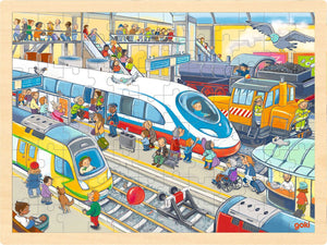 Goki puzzel - treinstation - 96 stukjes - 40x30x0,8cm - hout - 3 jaar