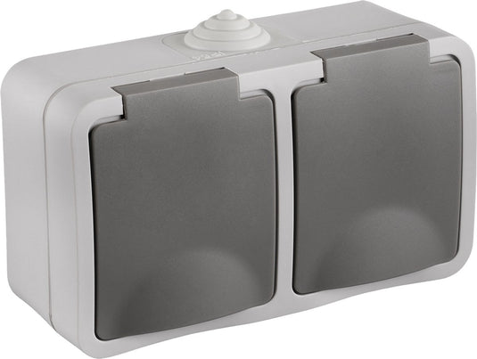 Q-link contactdoos - opbouw - 2-voudig - randaarde - spatwaterdicht ip54 - grijs