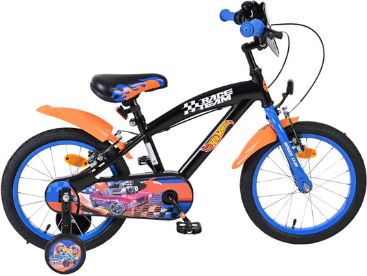 Volare hot wheels kinderfiets - jongens - 16 inch - zwart oranje blauw - twee handremmen