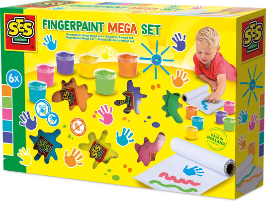 Ses creative - vingerverf mega set 6 kleuren x 110ml - inclusief papier rol 2 meter lang – vrolijke kleuren