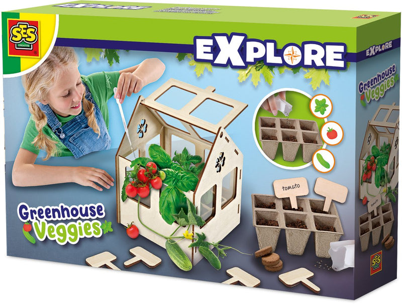 Load image into Gallery viewer, Ses creative - explore - broeikas met groenten - kweek je eigen tomaat, basilicum en komkommer - echt houten broeikas – experimenteerdozen – mini moestuin voor kinderen
