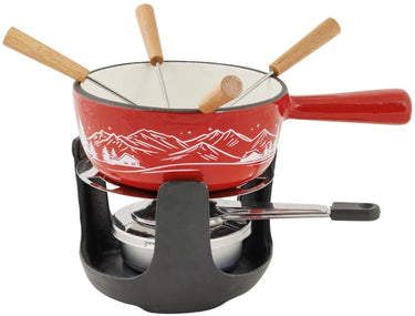 Cosy trendy aspen fondueset gietijzer ø14 cm - rood - incl. brander 4 vorkjes - 4 personen