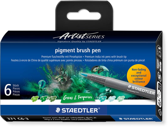 Staedtler - artist series - pigment brush pen set 6 kleuren greens turquoises