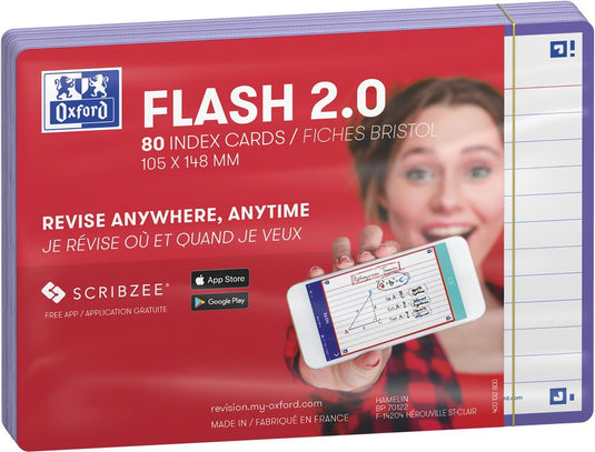 Oxford flash 2.0 - flashcards - gelijnd - a6 - paarse rand - 80 stuks