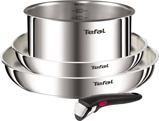Tefal ingenio emotion l896s453 – 4-delige pannenset – inox 2 braadpannen 1 steelpan – afneembare handgreep – stapelbaar – inductiegeschikt – ovenbestendig – compact kookgerei