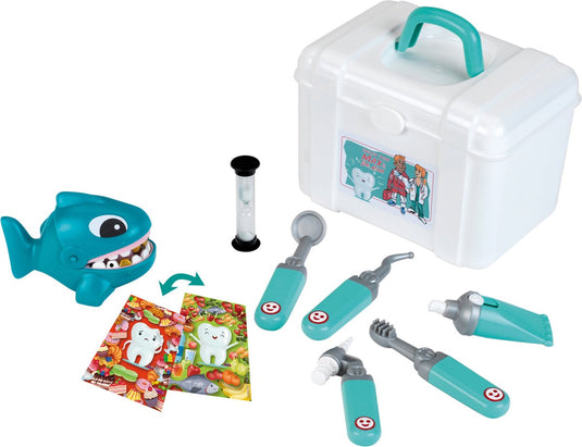 Klein toys tandartskoffer - incl. speelgoedinstrumenten en oefenhaai met tanden die dringend moeten worden behandeld - blauw wit