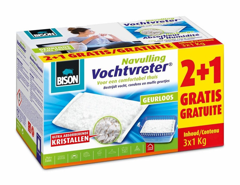 Afbeelding laden in galerijviewer, Bison vochtvreter® navulzak neutraal 3x 1 k g schikt voor vochtvreter®, bestrijd hoge luchtvochtigheid, geen batterij nodig, ook geschikt voor caravans en campers
