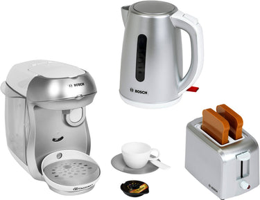 Klein toys - bosch-ontbijtset - incl. speelgoedbroodrooster, waterkoker en koffiezetapparaat - zilver