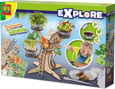 Ses creative - explore - houten boomhut kweekset - kruiden plantjes kweken - met speelgoed poppetjes en houten 3d boom - spelen en leren – moestuin voor kinderen