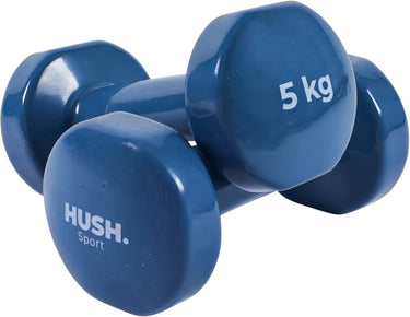 Hush sport - dumbbells set 2 x 5 kg donkerblauw - vinyl coating met antislip grip - gietijzer - handig 6-hoekig design - geschikt voor krachttraining fitness